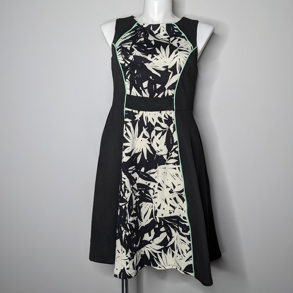 ASOS Curve black off white & mint green foliage print fit & flare dress 14